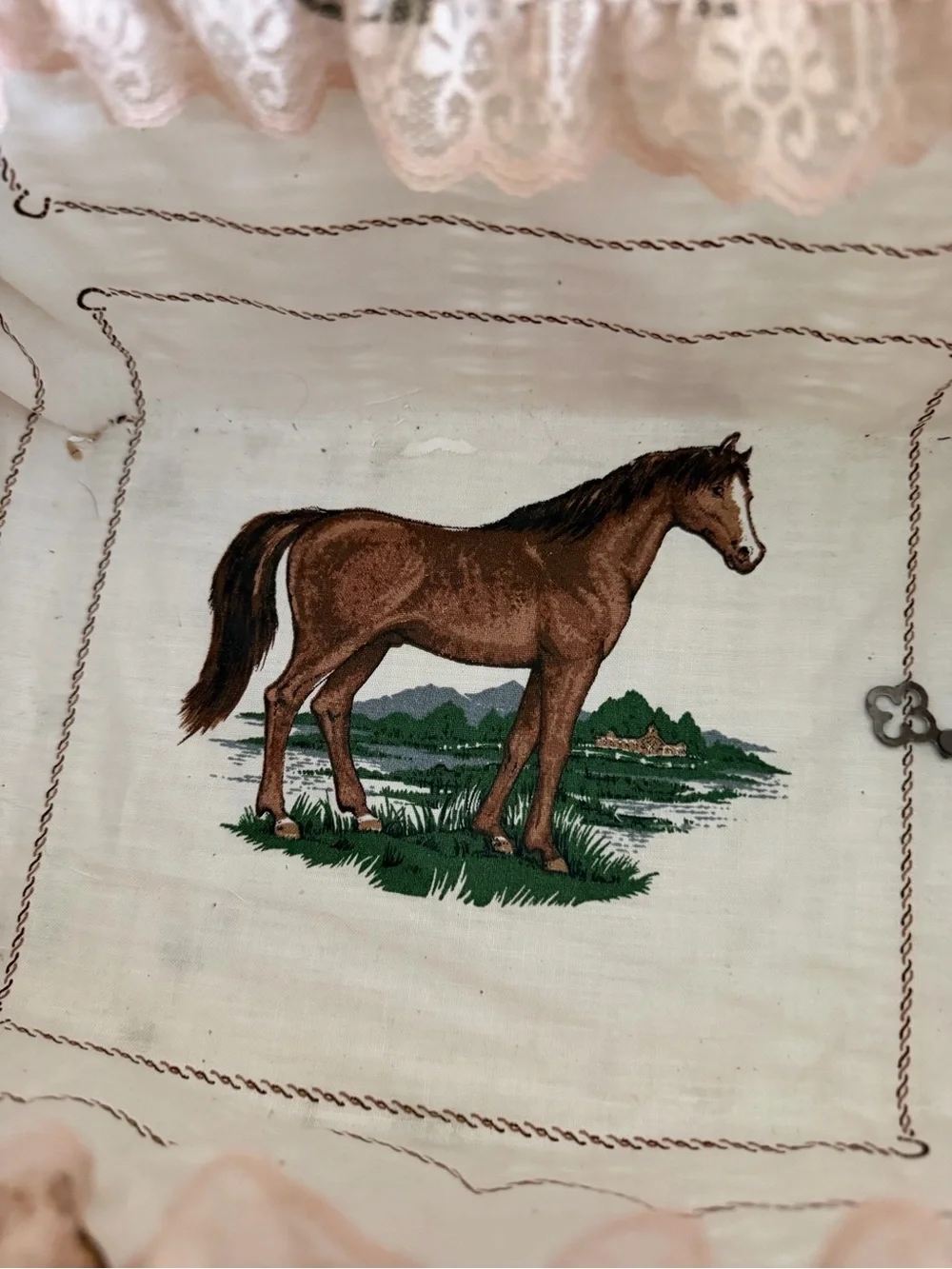 Vintage Rattan Style Basket Horse Motif Interior